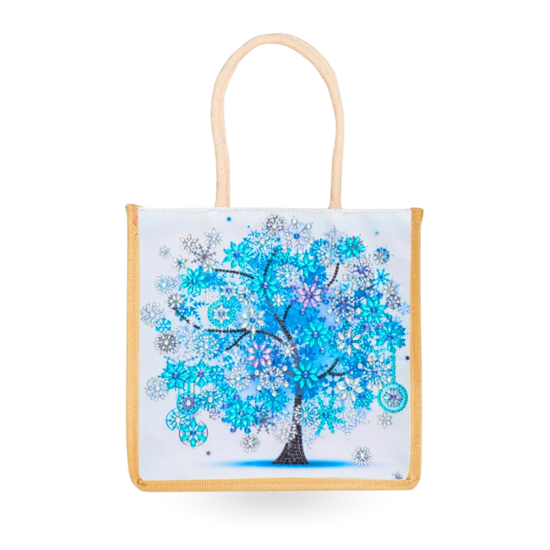 Wiederverwendbare Diamond Painting Tasche mit blauem Baum-Motiv, verziert mit funkelnden Steinen als stilvoller Shopper