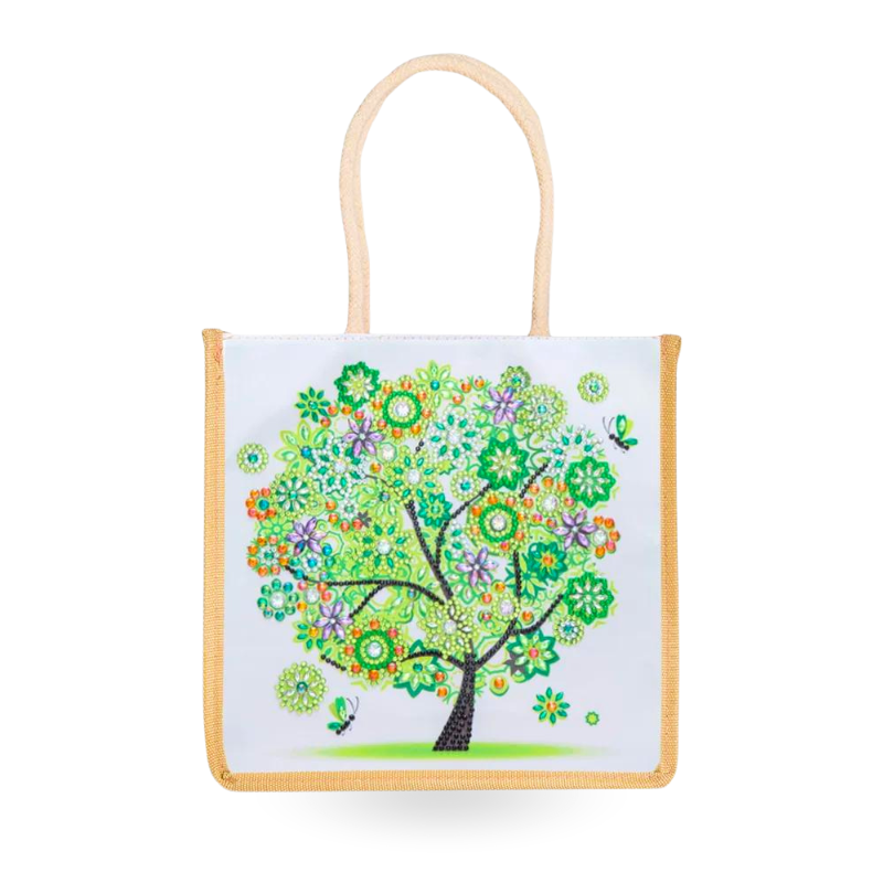 Nachhaltige Diamond Painting Tasche mit buntem Baum-Motiv, verziert mit glitzernden Steinen als stilvoller Shopper.