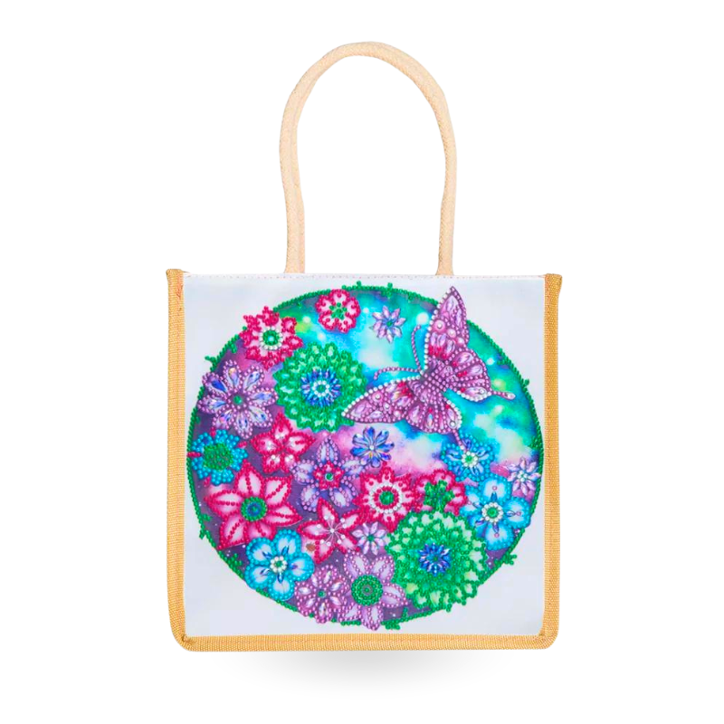 Wiederverwendbare Diamond Painting Tasche mit buntem Schmetterling und Blumen Motiv aus funkelnden Steinen