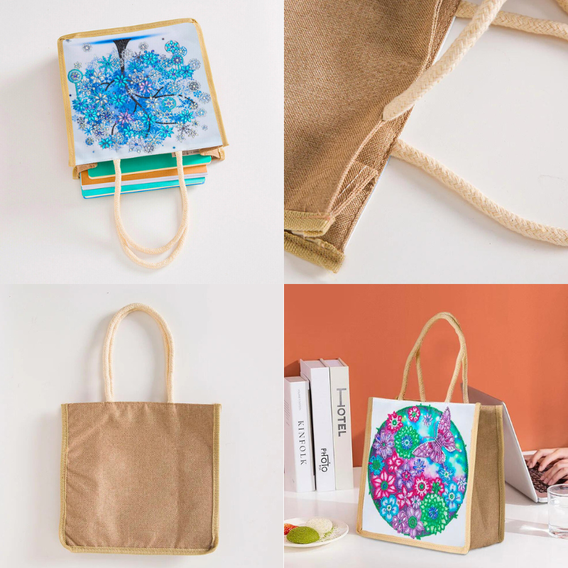 Wiederverwendbare Diamond Painting Tasche aus Leinen mit buntem Baum-Motiv und glitzernden Diamanten als Shopper