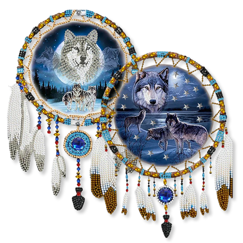 Diamond Painting Traumfänger mit Wolf Motiv, funkelnden Steinen, Federn und Sternenhimmel für detailreiche Wanddeko.