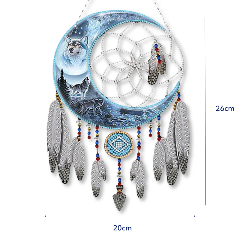 Diamond Painting Traumfänger mit Wolf Motiv, Halbmond und glitzernden Federn als dekoratives DIY-Wandbild