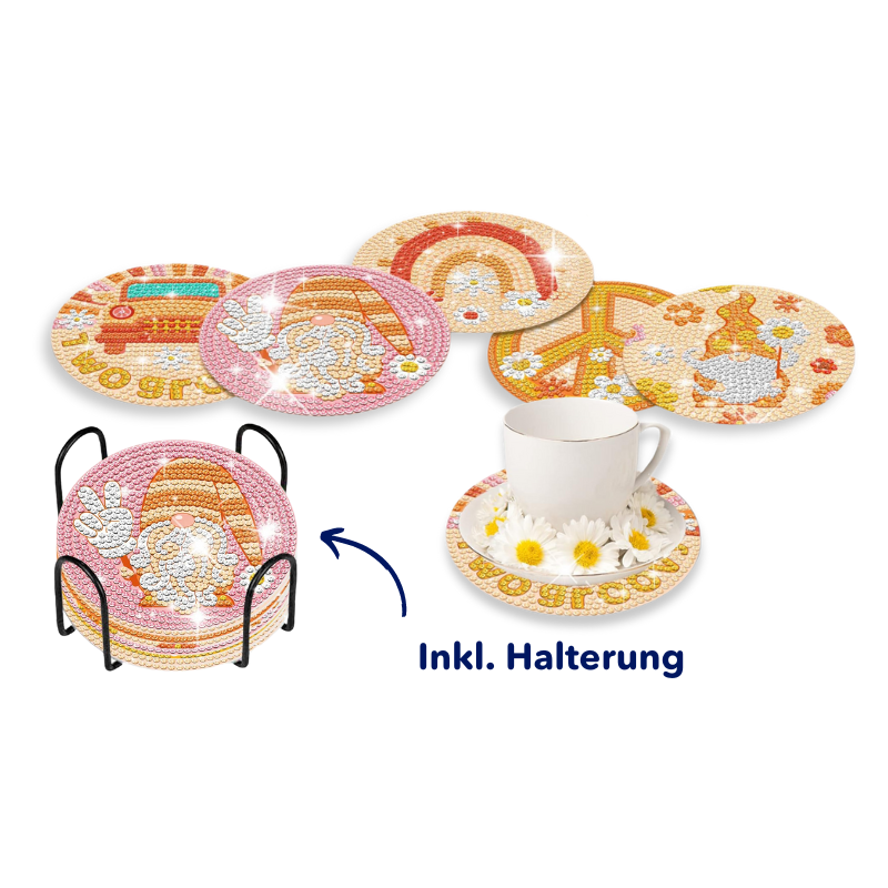 Diamond Painting Untersetzer Set mit Peace, Love und Zwergen Motiven inklusive praktischer Halterung