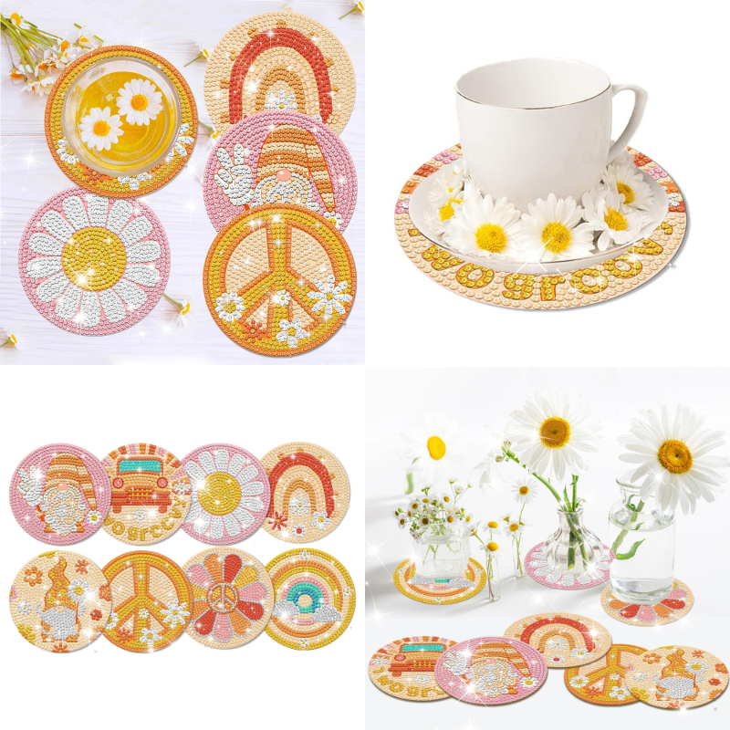 Diamond Painting Untersetzer Set mit bunten Peace & Love Motiven, Gnom- und Blumen-Designs aus glitzernden Strass Steinen.
