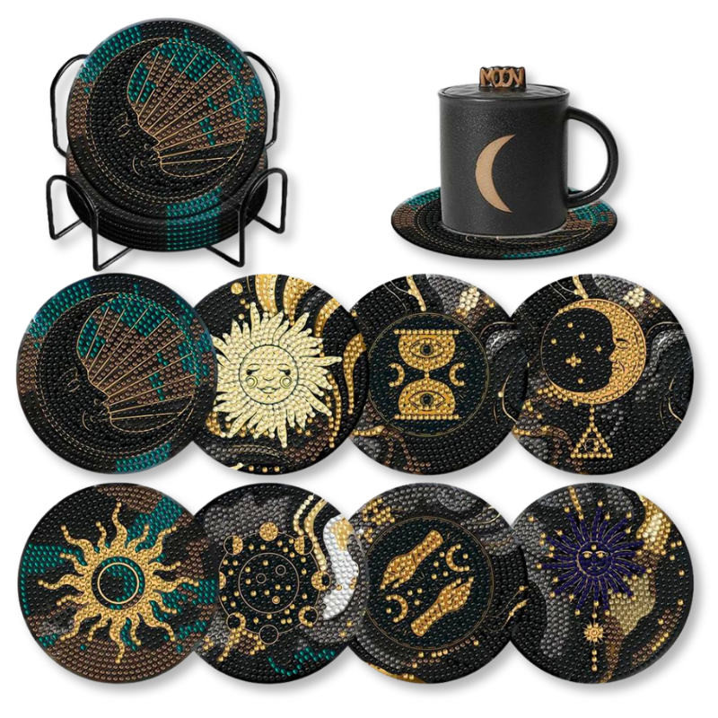 Diamond Painting Untersetzer Black Dream Set mit glitzernden Sonne- und Mond-Motiven und praktischem Halter