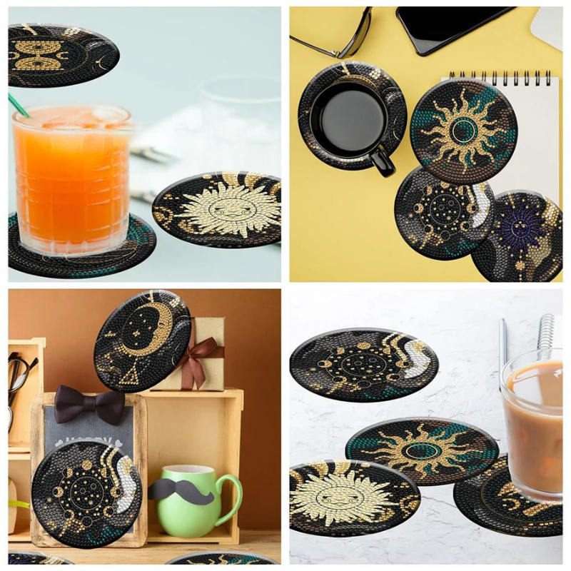 Diamond Painting Untersetzer Black Dream mit goldenen Sonnen- und Mondmotiven aus glitzernden Steinen