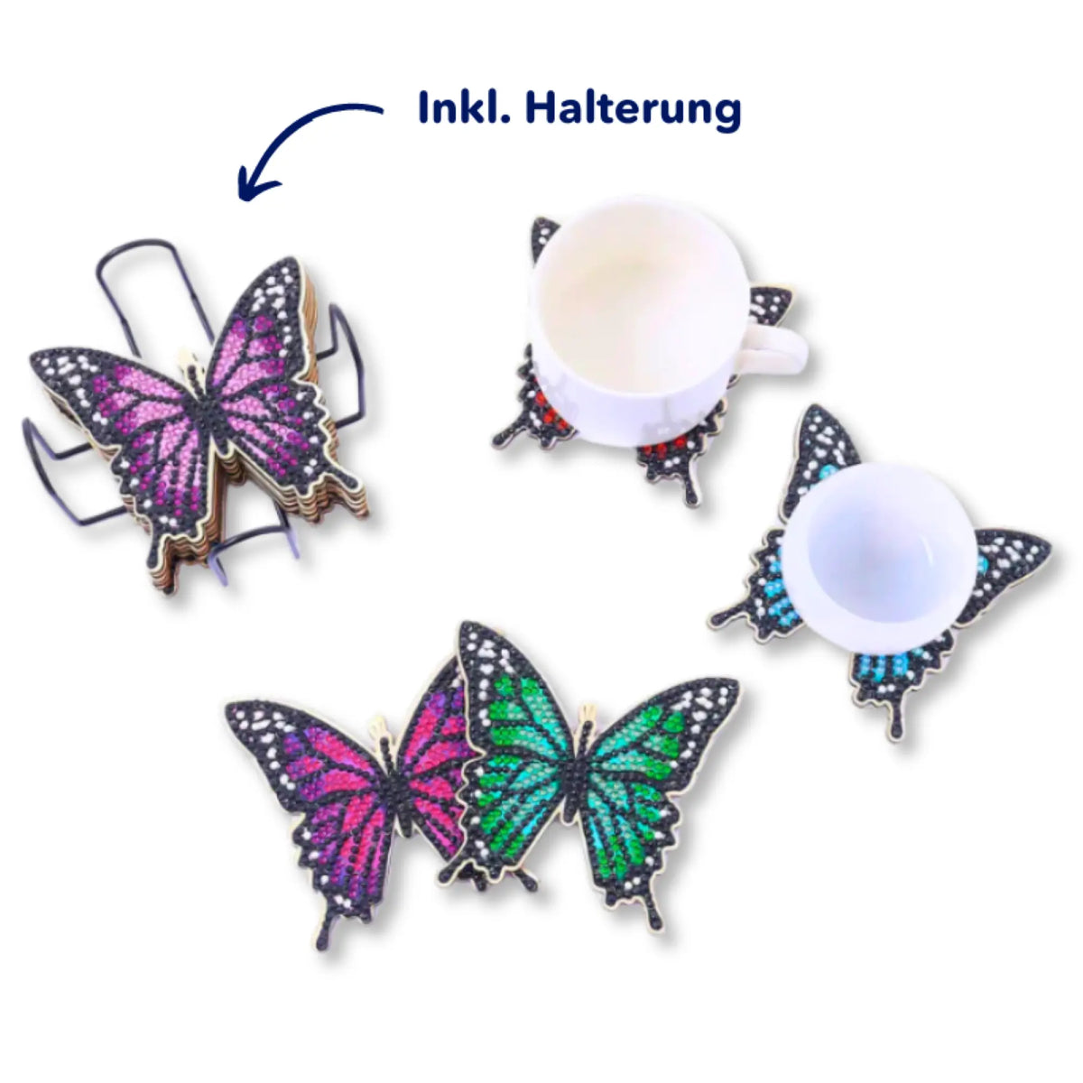 Diamond Painting Untersetzer Set mit bunten Schmetterlingen, glitzernden Steinen und praktischer Halterung für Tassen.