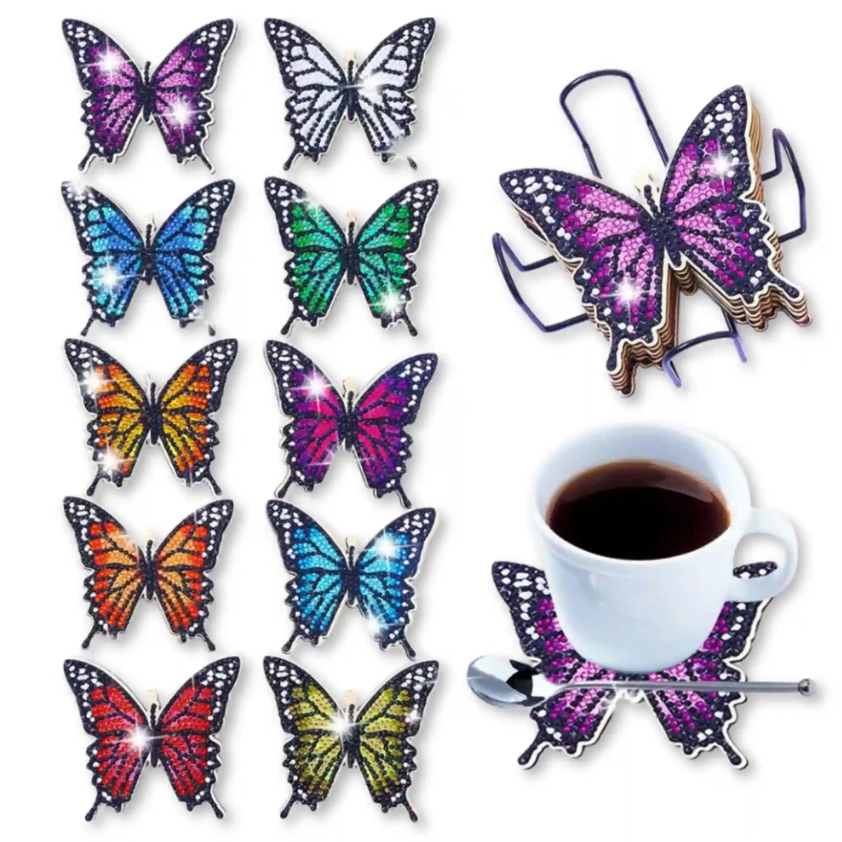 Diamond Painting Untersetzer Set mit bunten Schmetterling Motiven und glitzernden Strass Steinen für Tassen
