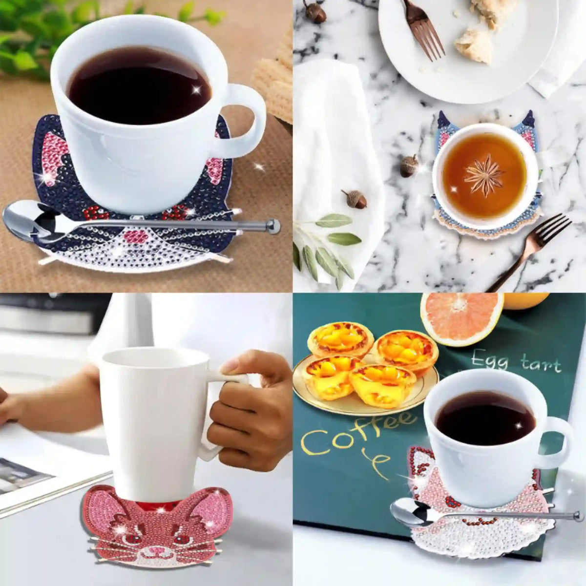 Diamond Painting Untersetzer Set Katz und Maus mit funkelnden Steinen unter Kaffeetassen als stilvolle Tisch-Deko