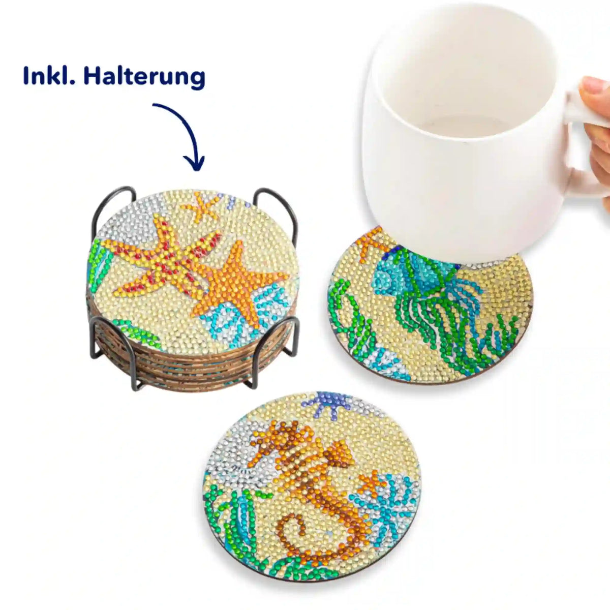 Diamond Painting Untersetzer Set mit Meerestiere Motiv, glitzernden Strass-Steinen und praktischer schwarzer Halterung