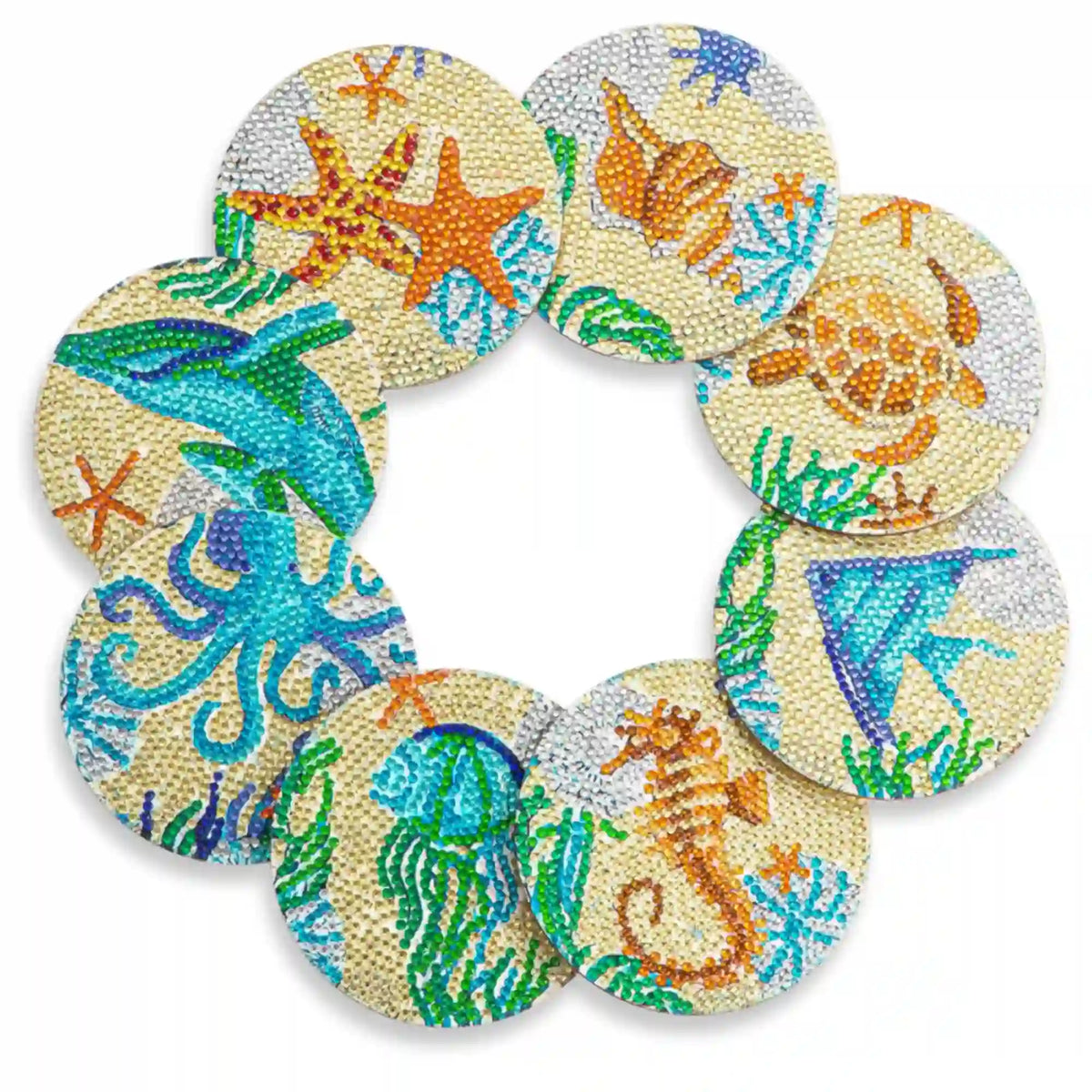 Diamond Painting Untersetzer Set mit bunten Meerestiere-Motiven wie Schildkröte, Seepferdchen und Seestern aus Strasssteinen