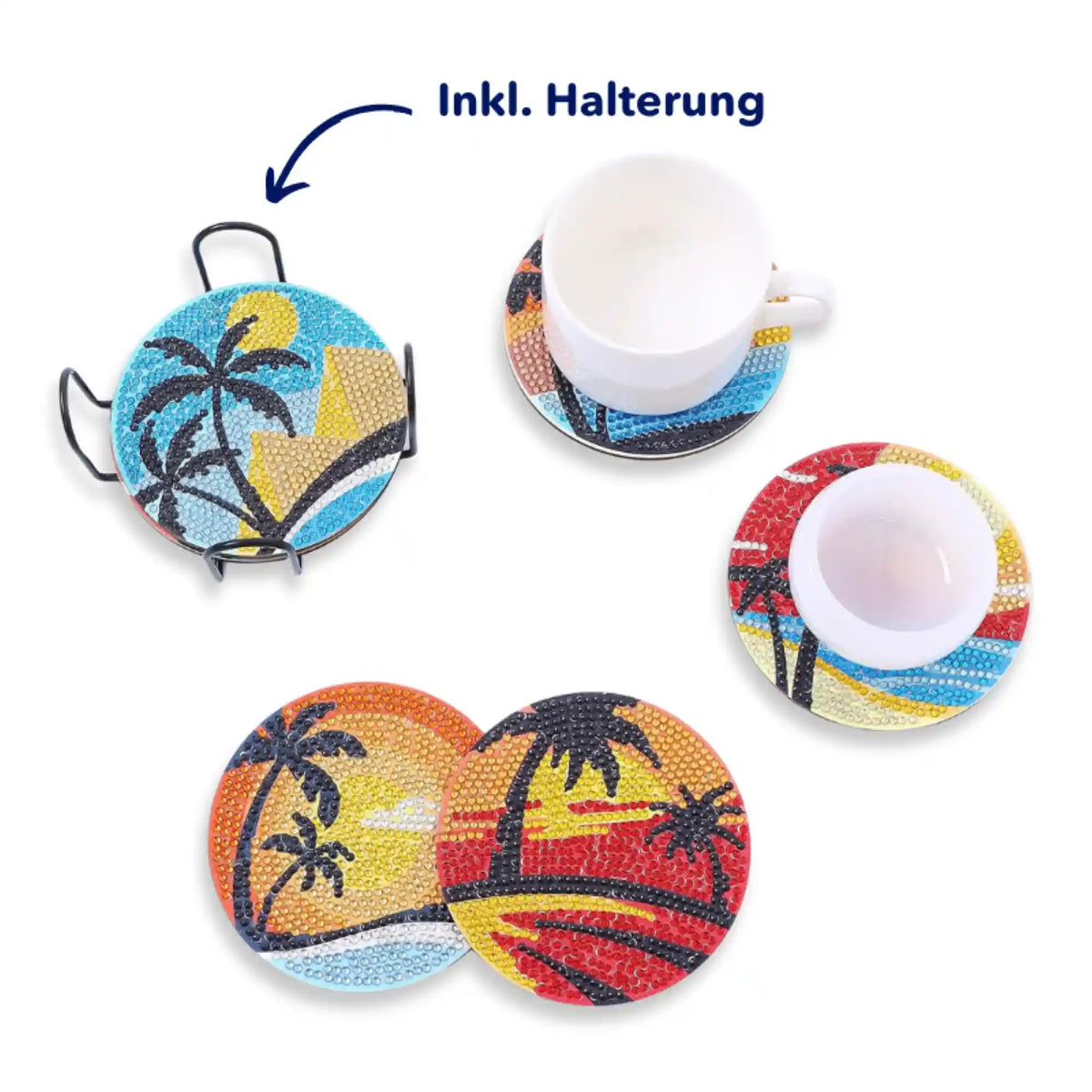 Diamond Painting Untersetzer mit Sunset-Love Palmen Motiv, inklusive Halterung und glitzernden Strass Steinen