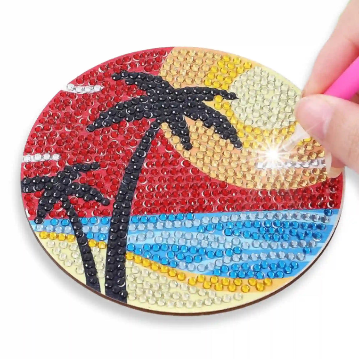Runder Diamond Painting Untersetzer mit Sunset-Love Motiv, Palmen am Strand aus glitzernden Steinchen beim Basteln