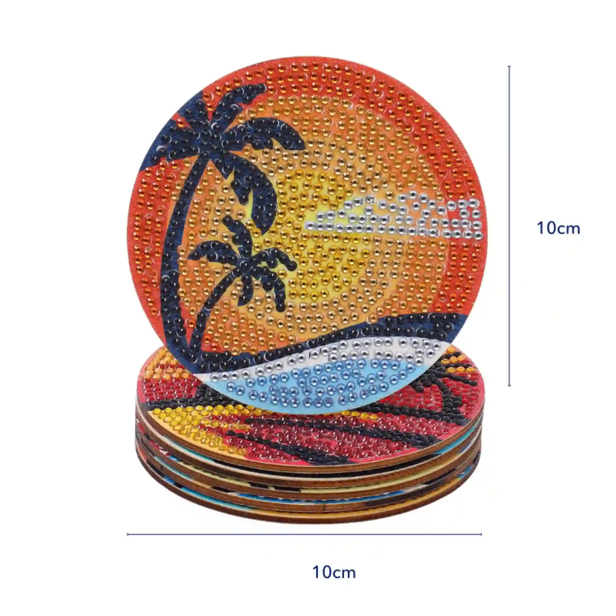 Diamond Painting Untersetzer Set mit Palmen am Strand Sonnenuntergang Motiv aus glänzenden Strass Steinen