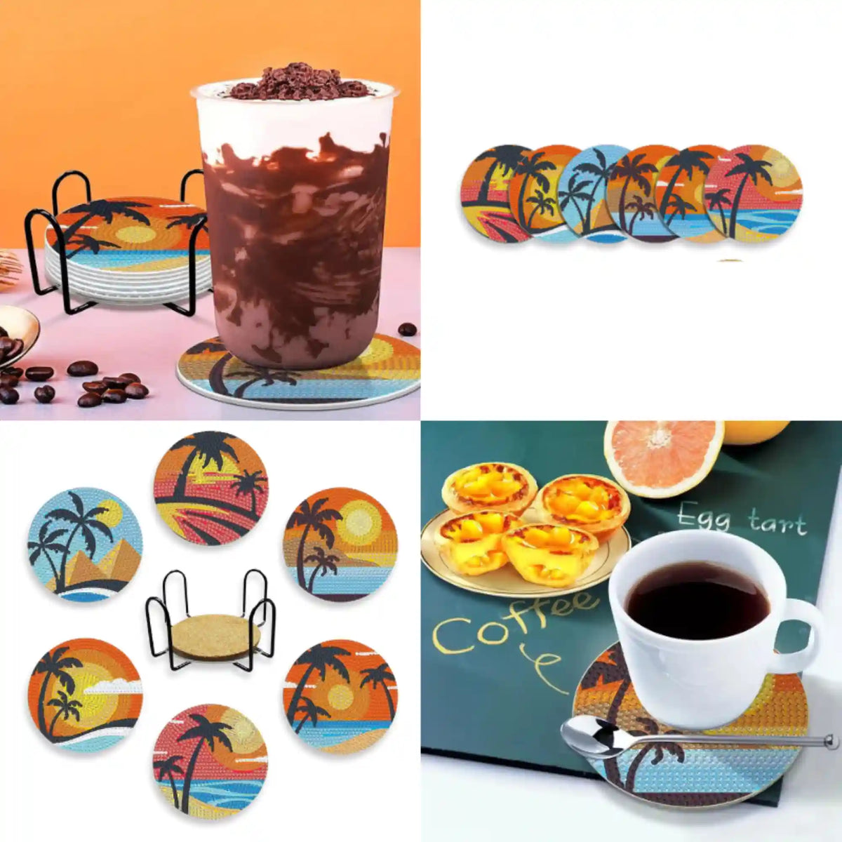 Diamond Painting Untersetzer Set Sunset-Love mit Palmen und Strand Motiv, verziert mit glitzernden Steinen als DIY-Deko