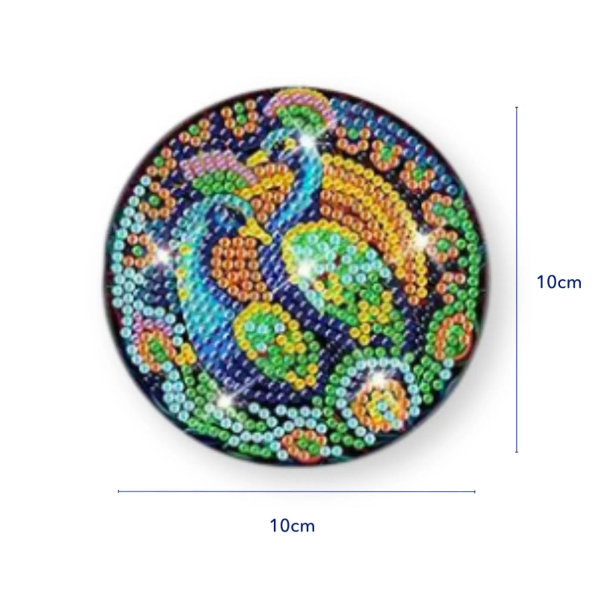 Runder Diamond Painting Untersetzer mit buntem Pfau-Motiv aus glitzernden Strass-Steinen