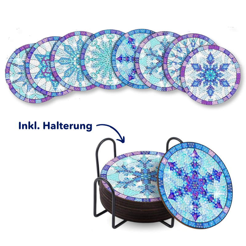 Diamond Painting Untersetzer mit blauem Eiskristall-Motiv und glitzernden Steinen inklusive schwarzer Halterung