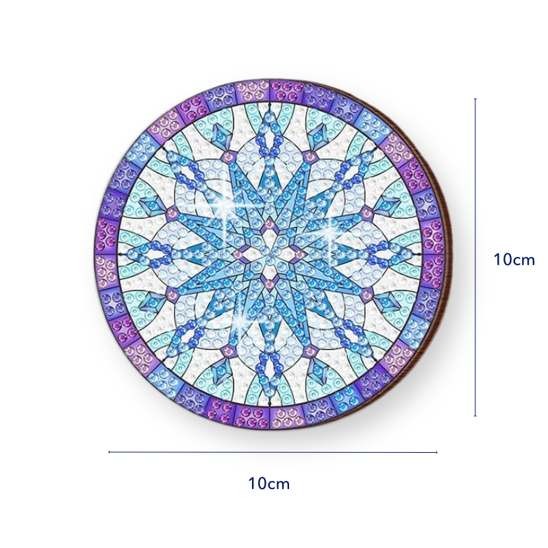 Runder Diamond Painting Untersetzer mit blauem Eiskristall-Motiv und glitzernden Strass-Steinen, 10 cm Größe