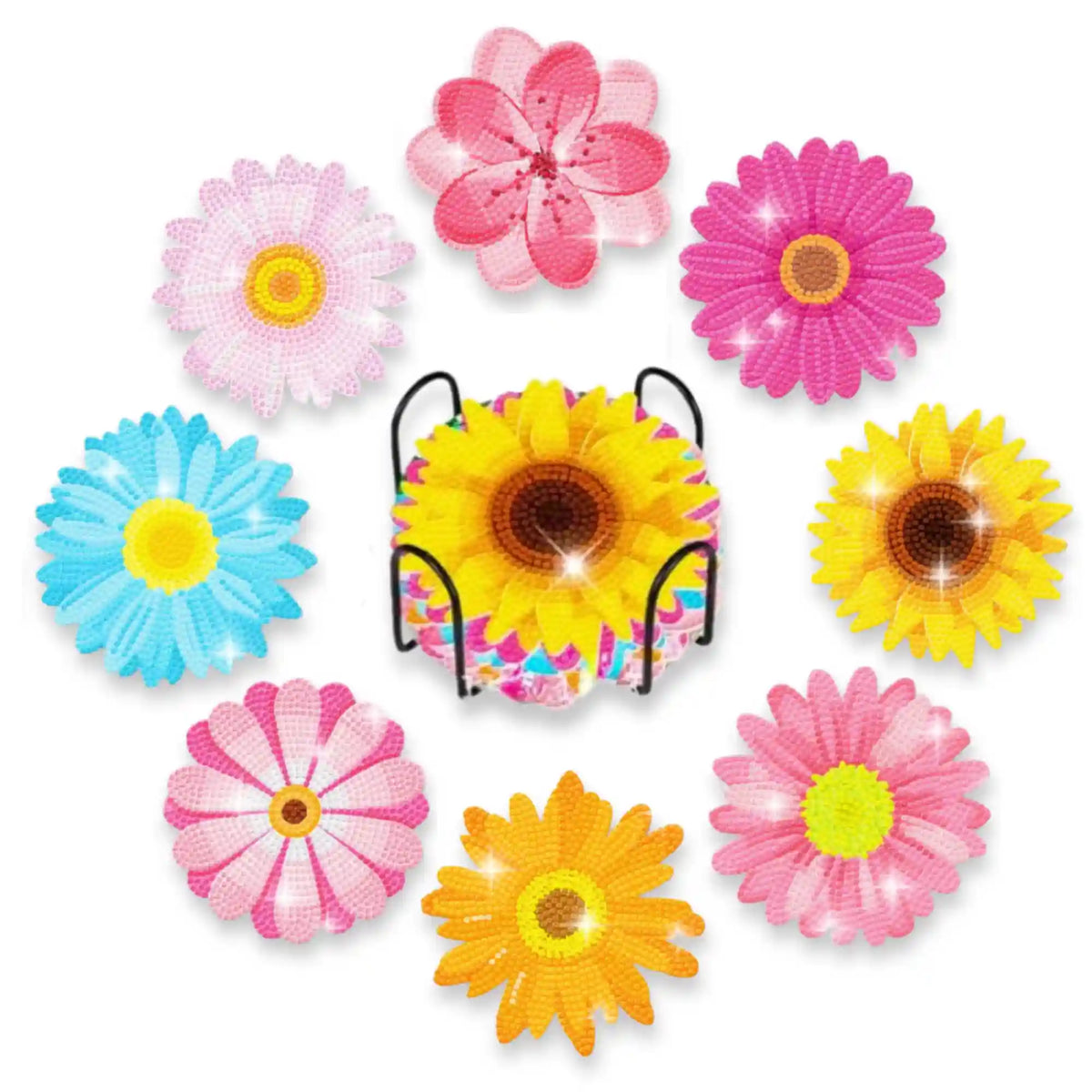 Diamond Painting Untersetzer Set Bunte Blumenwiese mit glitzernden Steinen in einem schwarzen Halter