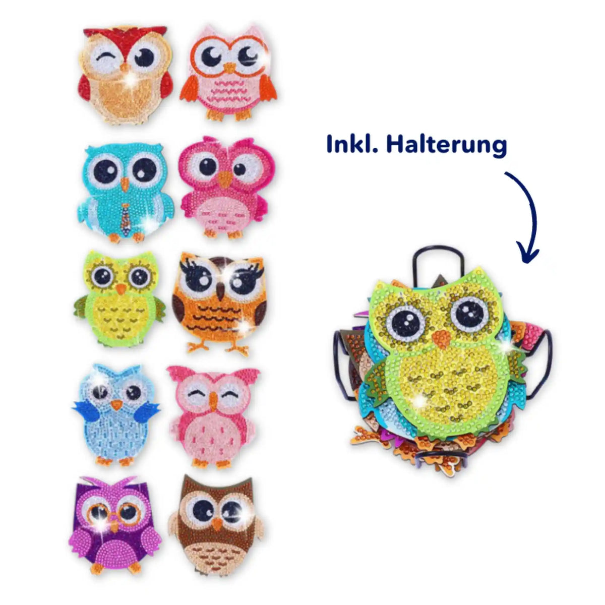 Diamond Painting Untersetzer Set mit bunten Eulen Motiven und praktischer Halterung aus glitzernden Steinchen