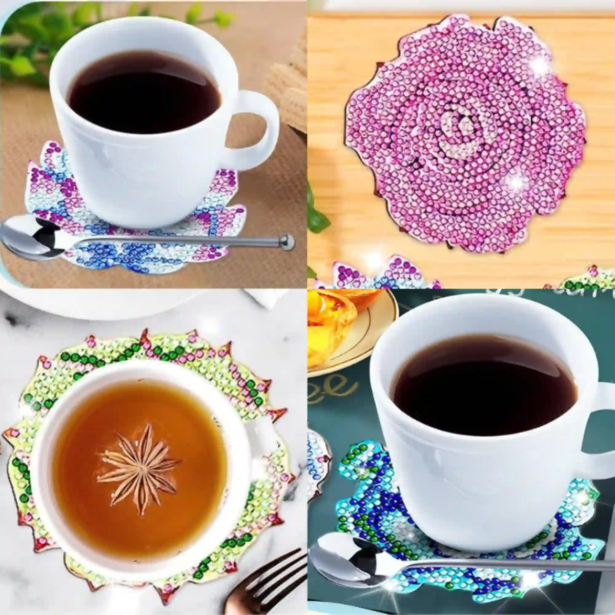 Diamond Painting Untersetzer mit Blumen-Motiv aus bunten glitzernden Strass-Steinen für stilvolle Tischdekoration