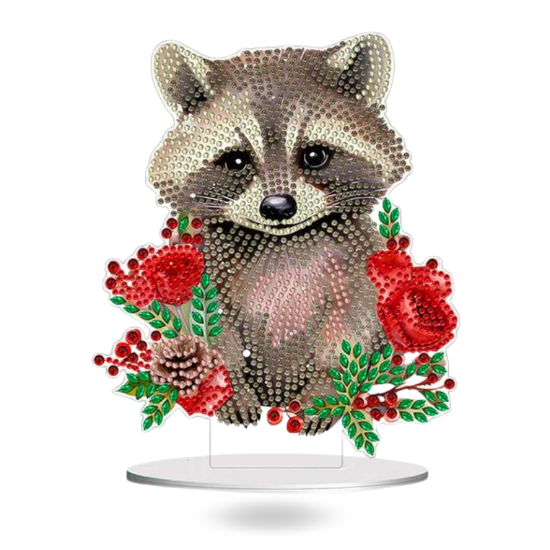 Diamond Painting Aufsteller Waschbär mit glitzernden Steinen und roten Blumen als dekoratives DIY-Zubehör