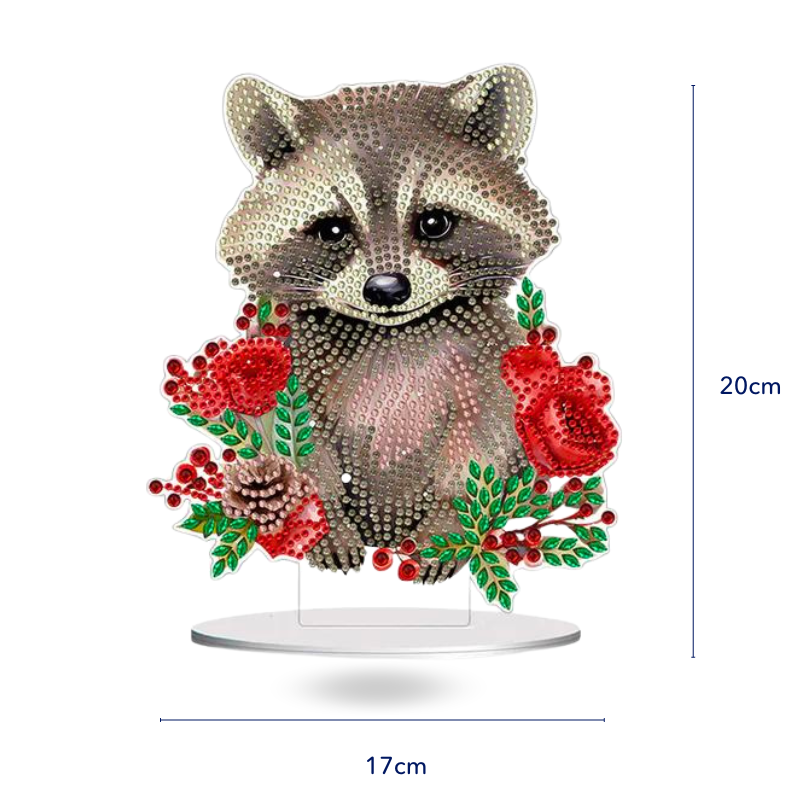Diamond Painting Aufsteller Waschbär mit roten Blumen, glitzernde Deko-Figur für DIY Fans