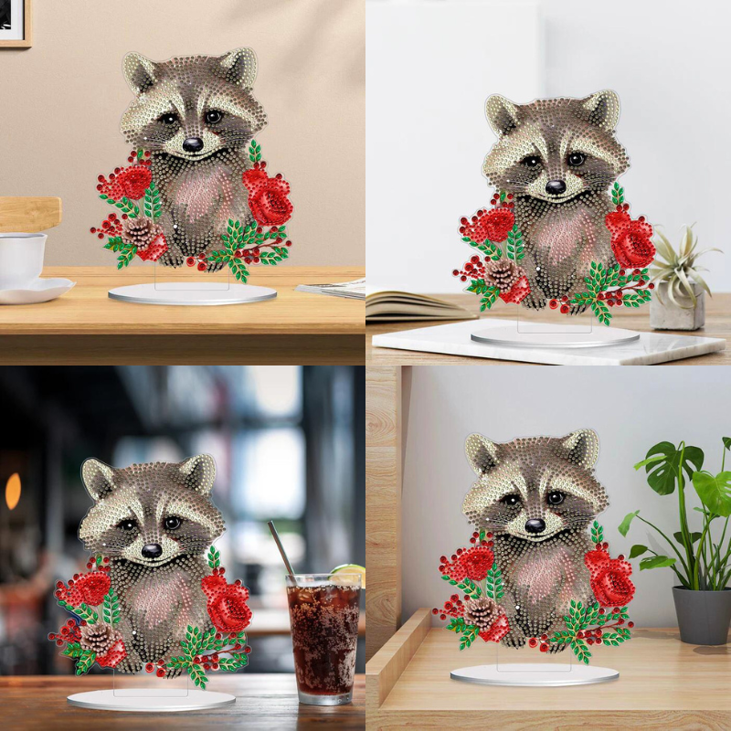 Diamond Painting Aufsteller Waschbär mit roten Blumen als dekorative Halterung für glitzernde Steine