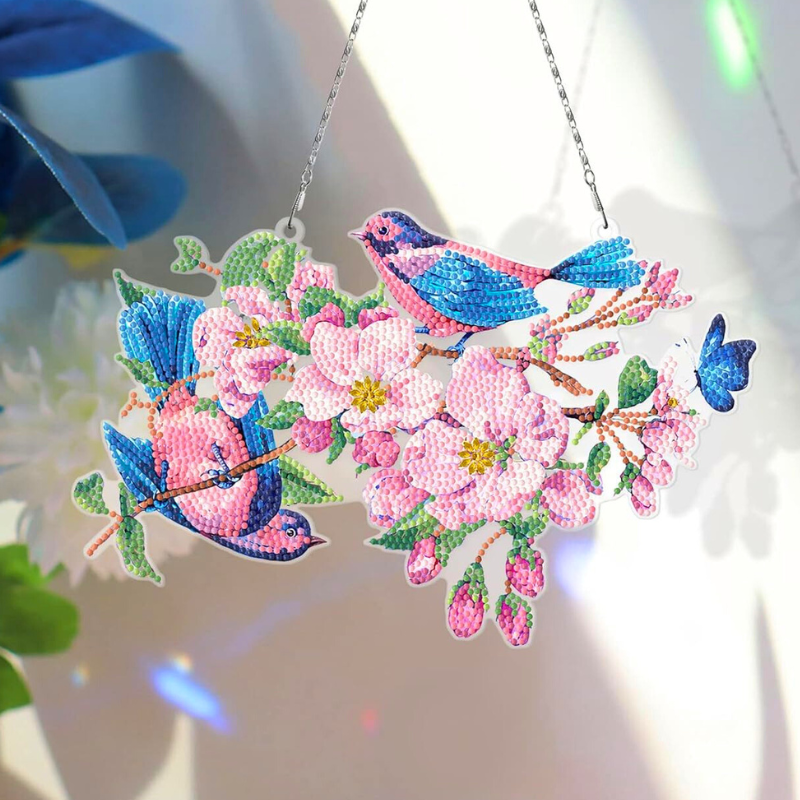 Diamond Painting XXL Aufhänger mit süßen Vögeln, Blumen und Schmetterling als glitzernde Wanddekoration für Zuhause