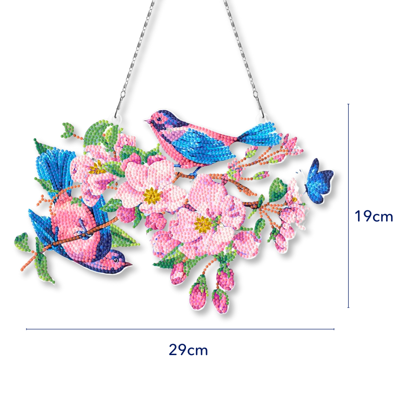 Diamond Painting XXL Aufhänger mit Vögeln und rosa Blumen als glitzernde Wanddekoration für kreative DIY-Fans