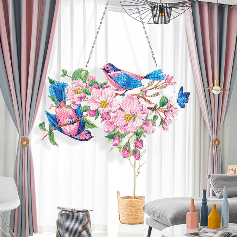 Diamond Painting Wandaufhänger mit Vögeln und rosa Blumen als glitzernde DIY-Dekoration für das Wohnzimmer