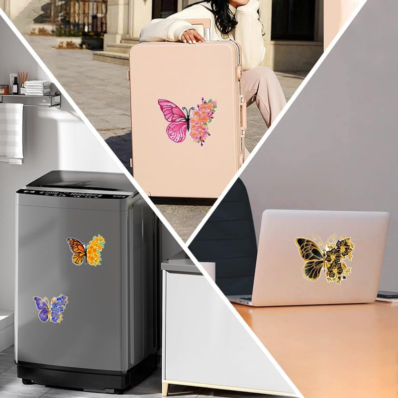 Diamond Painting Sticker Set mit bunten Schmetterlingen auf Reisekoffer, Waschmaschine und Laptop zur Dekoration