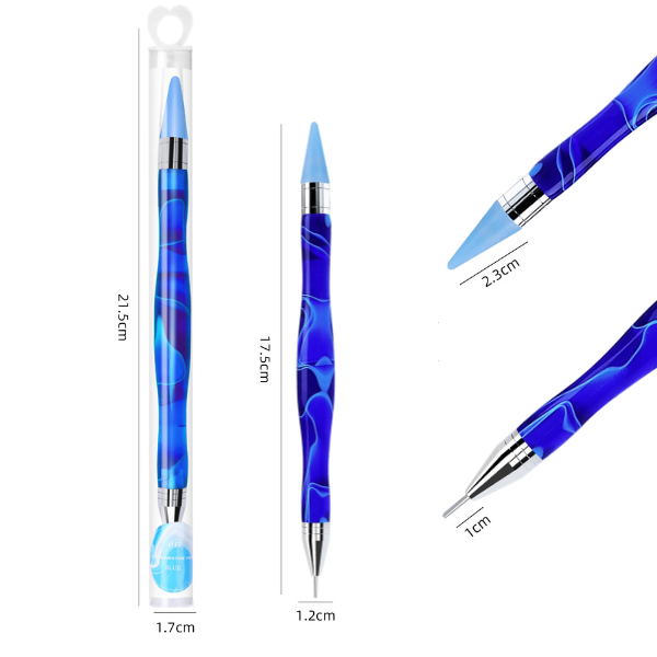 Blauer Diamond Painting Stift in Marmor-Optik mit zwei verschiedenen Aufsätzen als praktisches Zubehör
