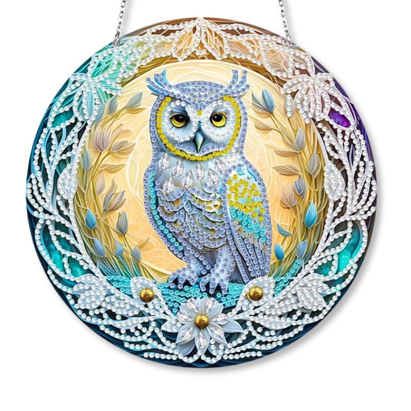 Runder Diamond Painting Aufhänger mit glitzerndem Eulen Motiv, Blumen und detaillierten Steinchen als Wanddekoration