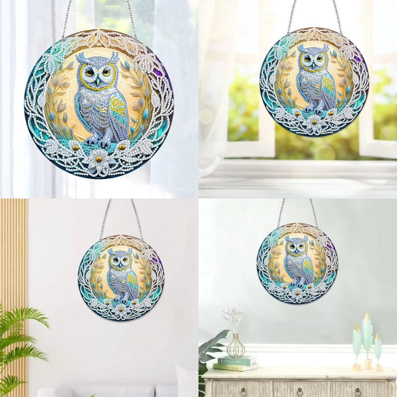Runder Diamond Painting Aufhänger mit Eulen-Motiv, glitzernde Wanddekoration mit floralem Design und hängender Kette