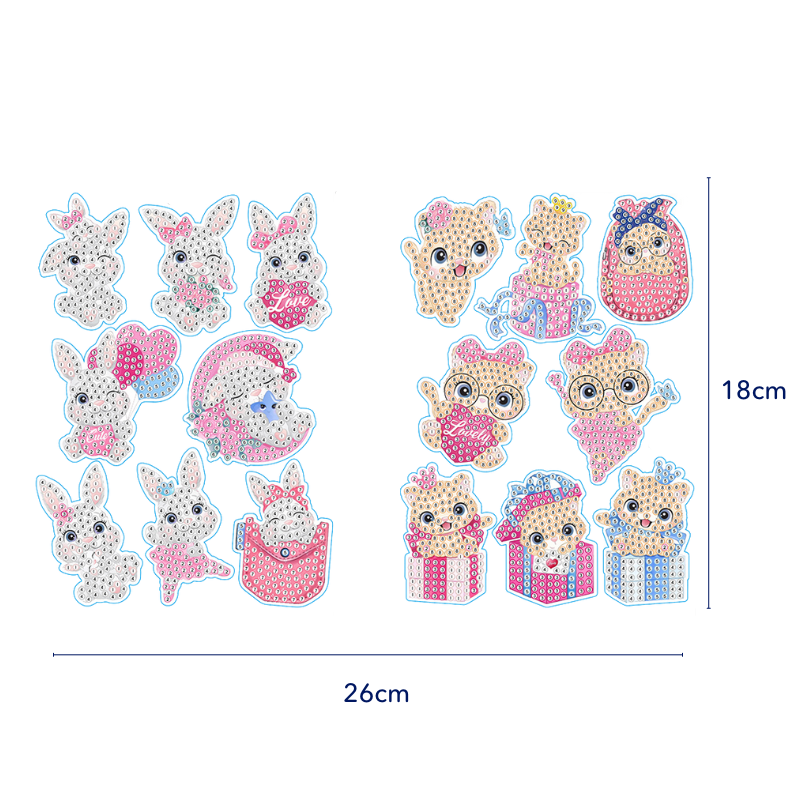 Diamond Painting Sticker Set XL mit süßen Tier-Motiven wie Hasen und Katzen zum Basteln für Kinder