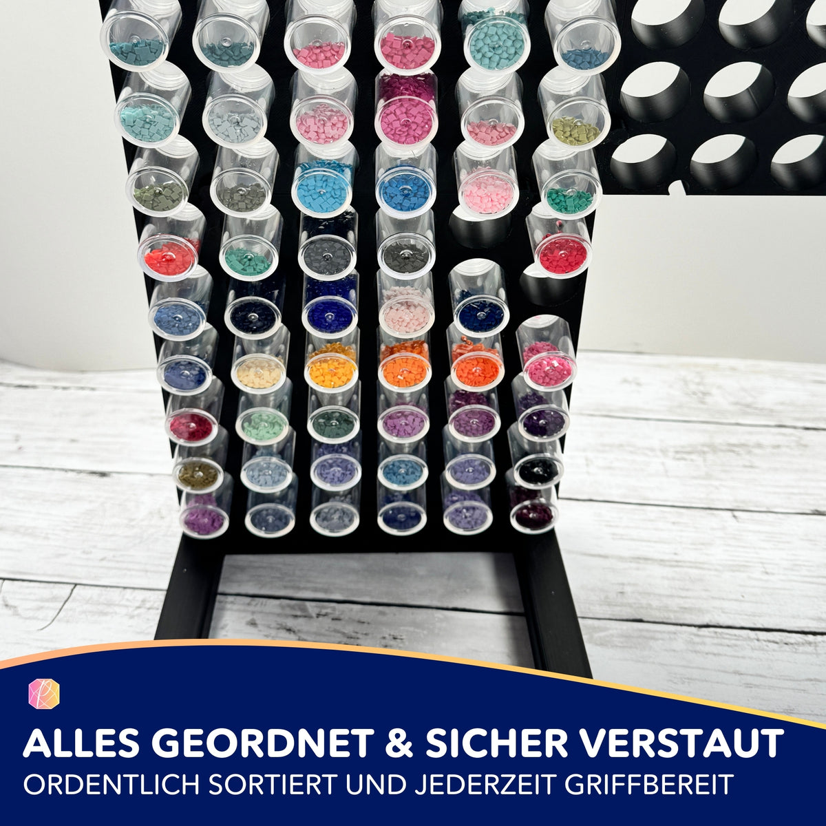 Schwarzer 3D-gedruckter Sockel für Diamond Painting Döschenwand zur geordneten Aufbewahrung bunter Steine