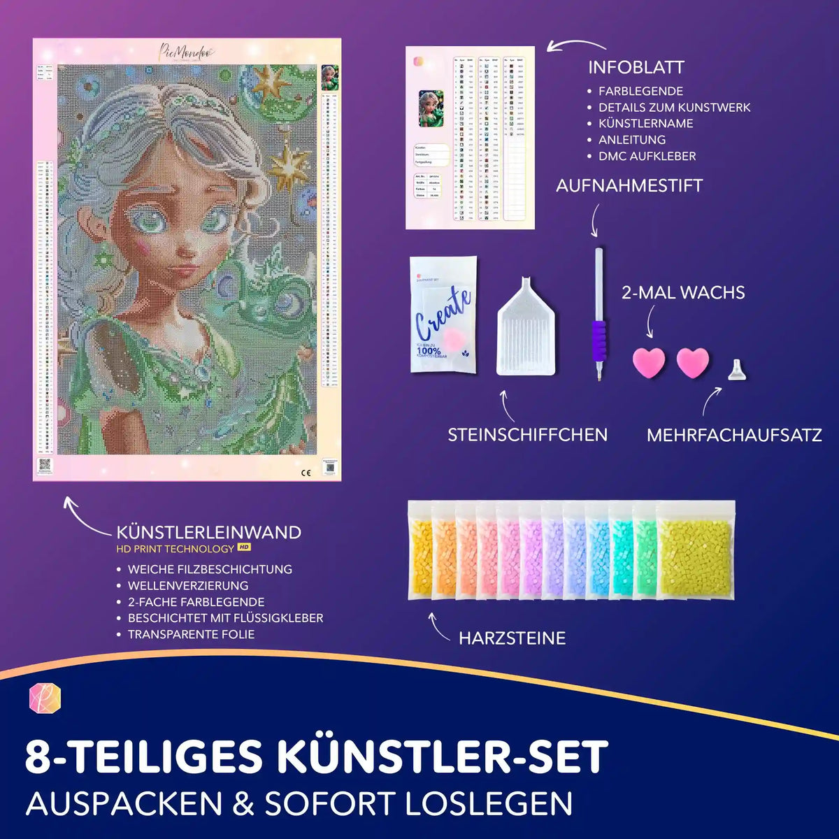 Diamond Painting Set Dragon Girl mit Leinwand, bunten Harzsteinen und Zubehör für ein magisches Fantasy-Motiv.