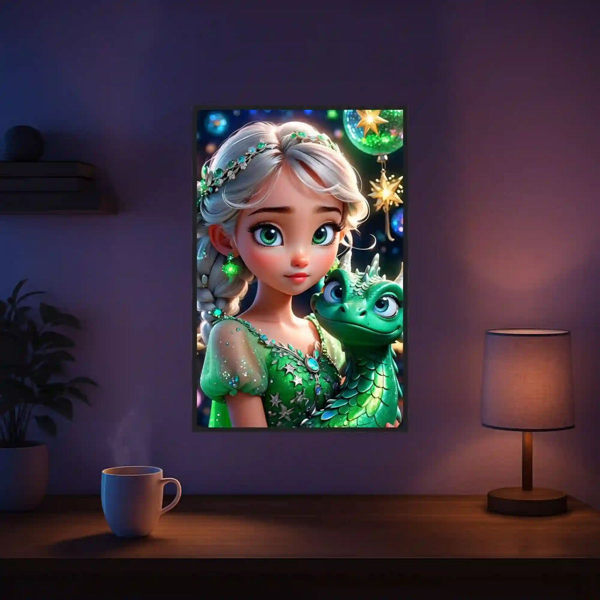 Fertiges Diamond Painting Dragon Girl mit Mädchen, grünem Fantasy-Drachen und glitzernden Sternen in einem Wohnzimmer.