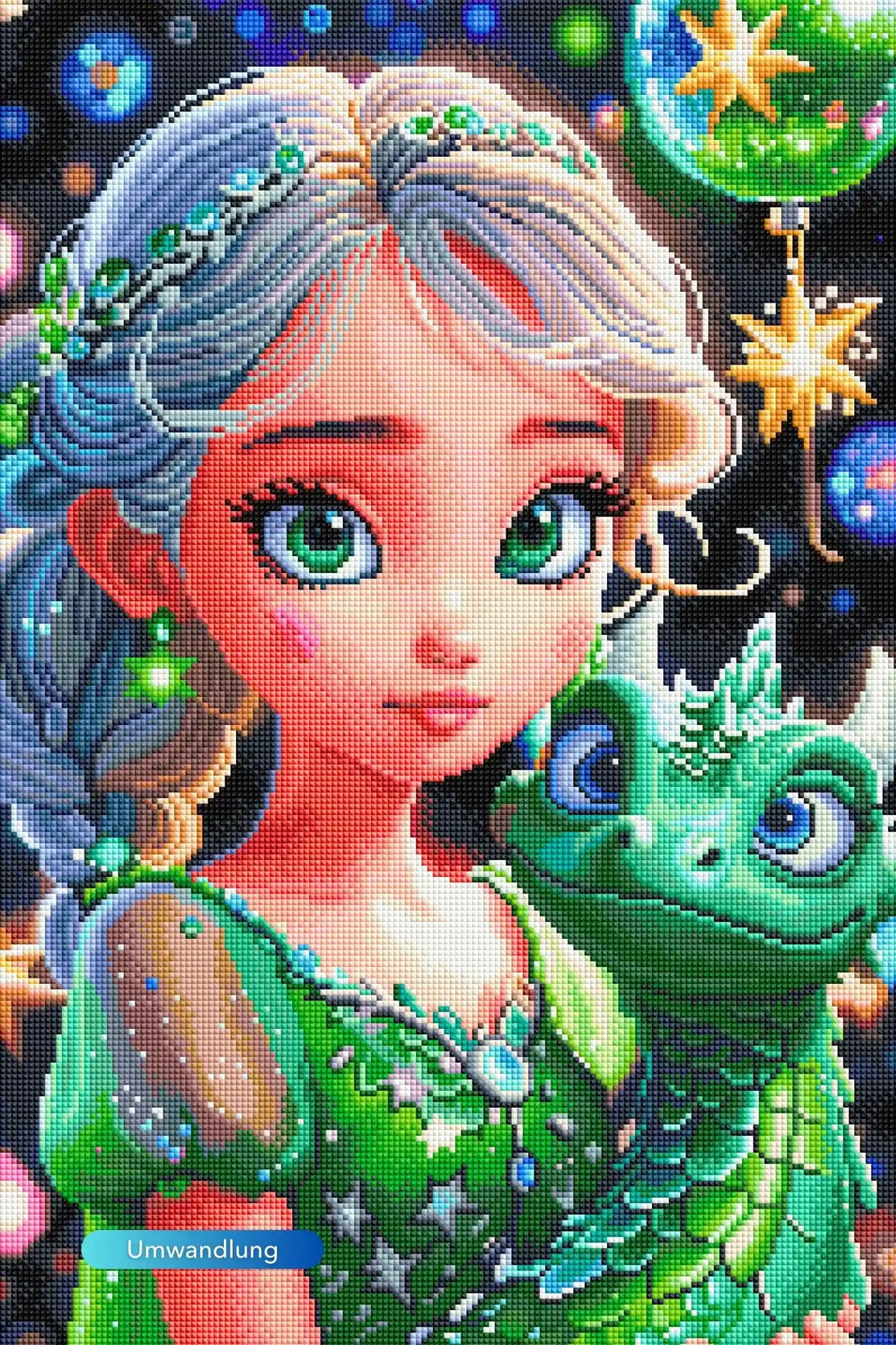 Diamond Painting Set Dragon Girl mit silberhaarigem Mädchen, grünem Drachen und glitzernden Fantasy-Details