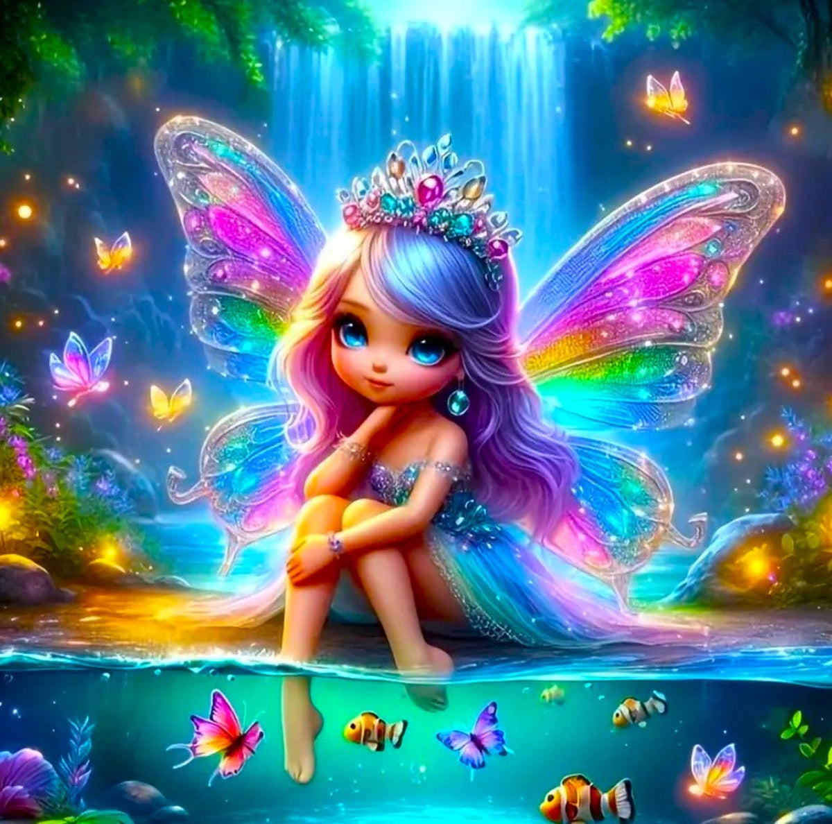 Diamond Painting Set Elfe am Teich mit bunten Schmetterlingen, glitzernden Strasssteinen und funkelndem Fantasy-Motiv.