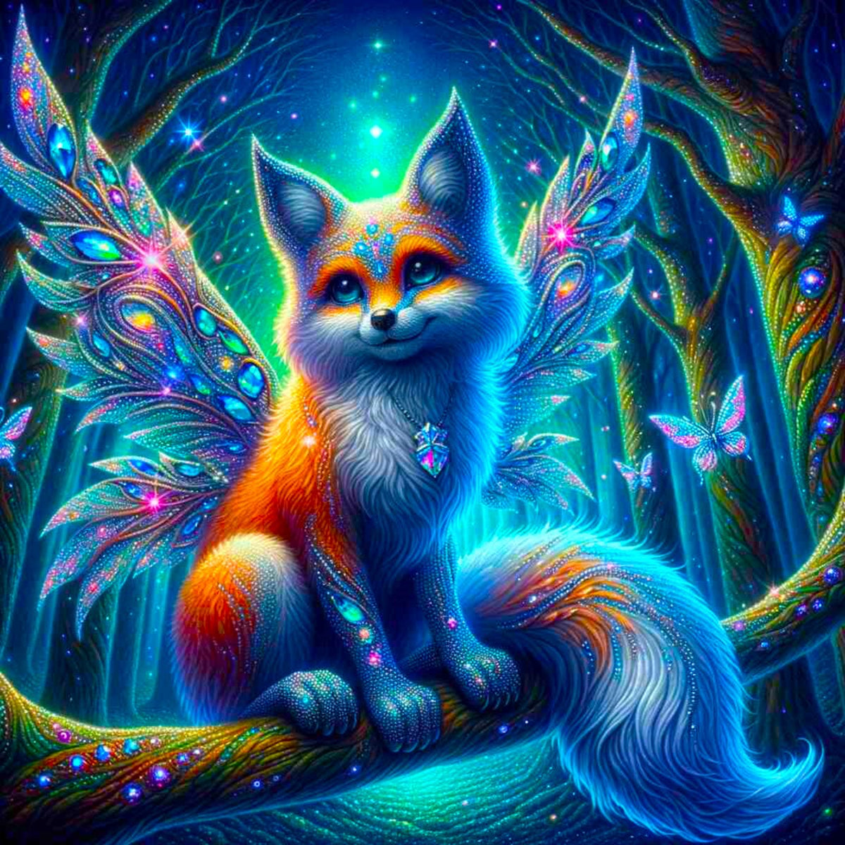 Diamond Painting Set Fairy Fox of Magic mit funkelnden Strasssteinen: bunter Fantasiefuchs mit Feenflügeln im Wald.