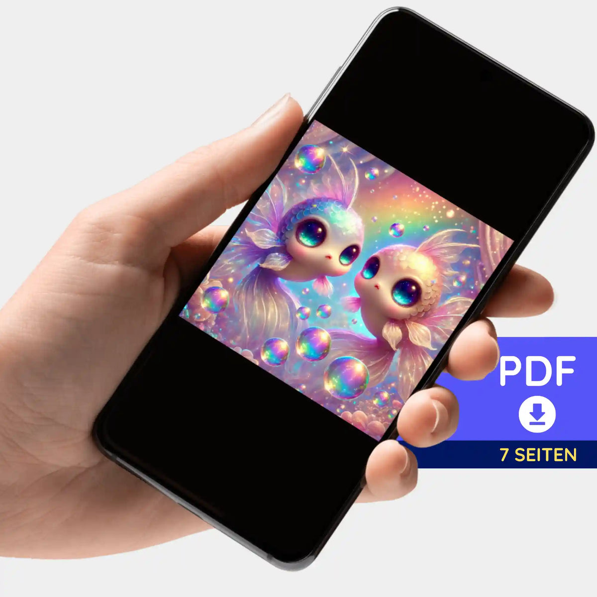 Digitale PDF-Bildmappe für Diamond Painting mit süßem Fisch-Motiv auf Smartphone-Display