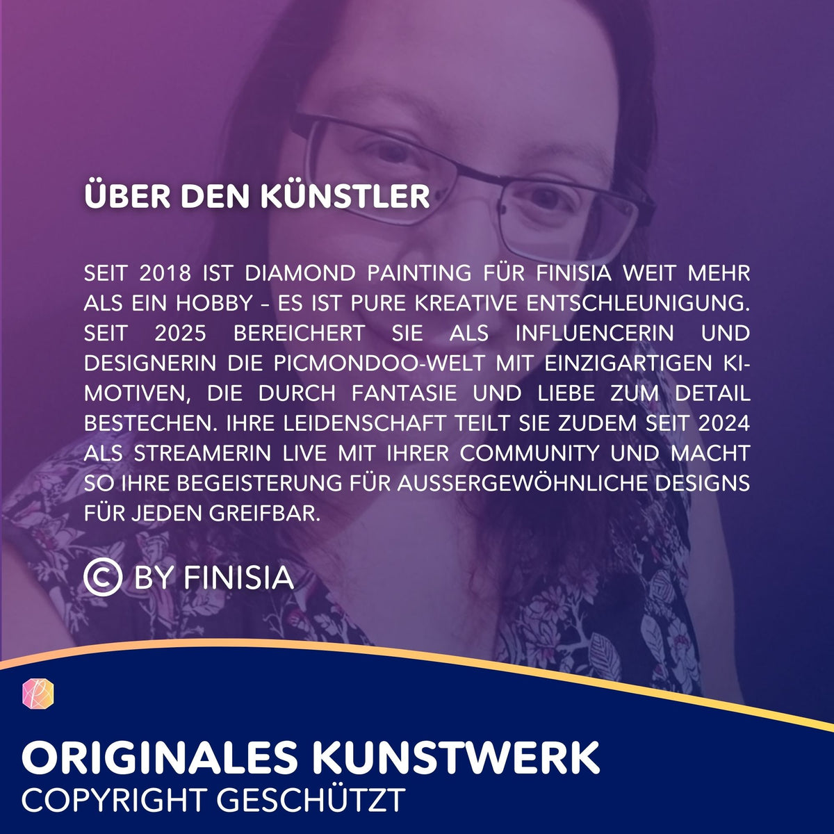Künstlerportrait von Finisia zur Vorstellung des Diamond Painting Sets Aelyra mit Fokus auf kreatives Design