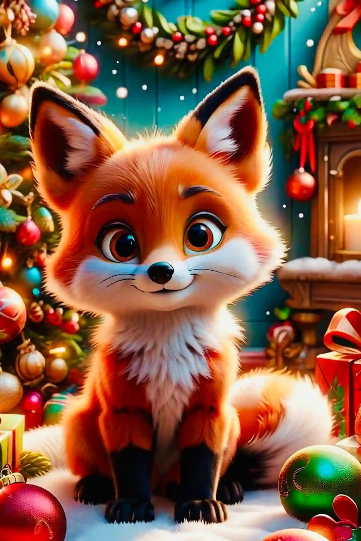 Diamond Painting Set: Süßer Fuchs vor festlichem Weihnachtsbaum mit glänzenden Kugeln und leuchtender Winterdekoration.