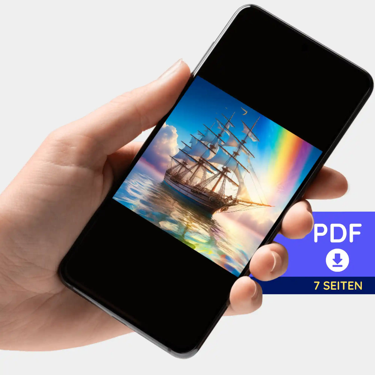 Digitale PDF-Bildmappe für Diamond Painting Motiv Freiheit auf See auf einem Smartphone präsentiert