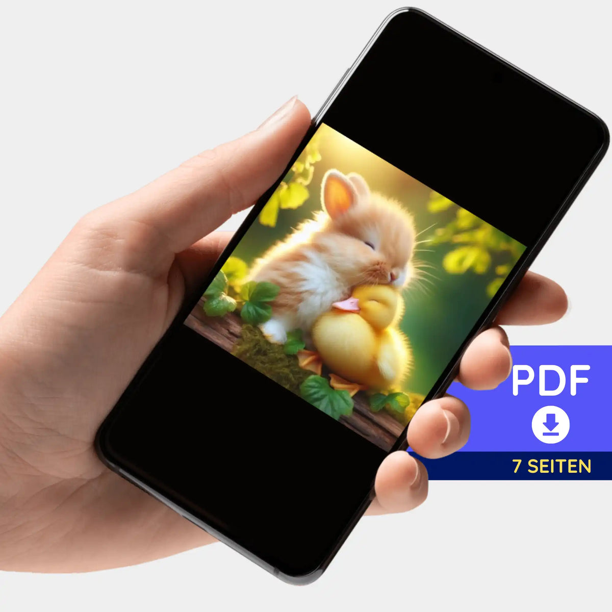 Digitale PDF-Bildmappe Friendship für Diamond Painting und Malen nach Zahlen mit süßem Hasen und Entenküken Motiv.