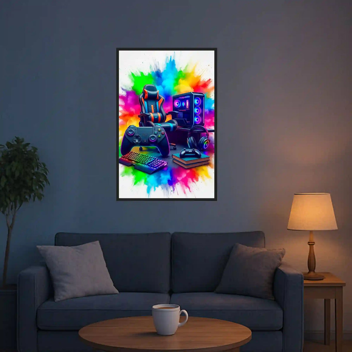 Diamond Painting Set Gaming Zone mit Gaming-Setup, Controller und bunten Neon-Farbspritzern als Wandbild