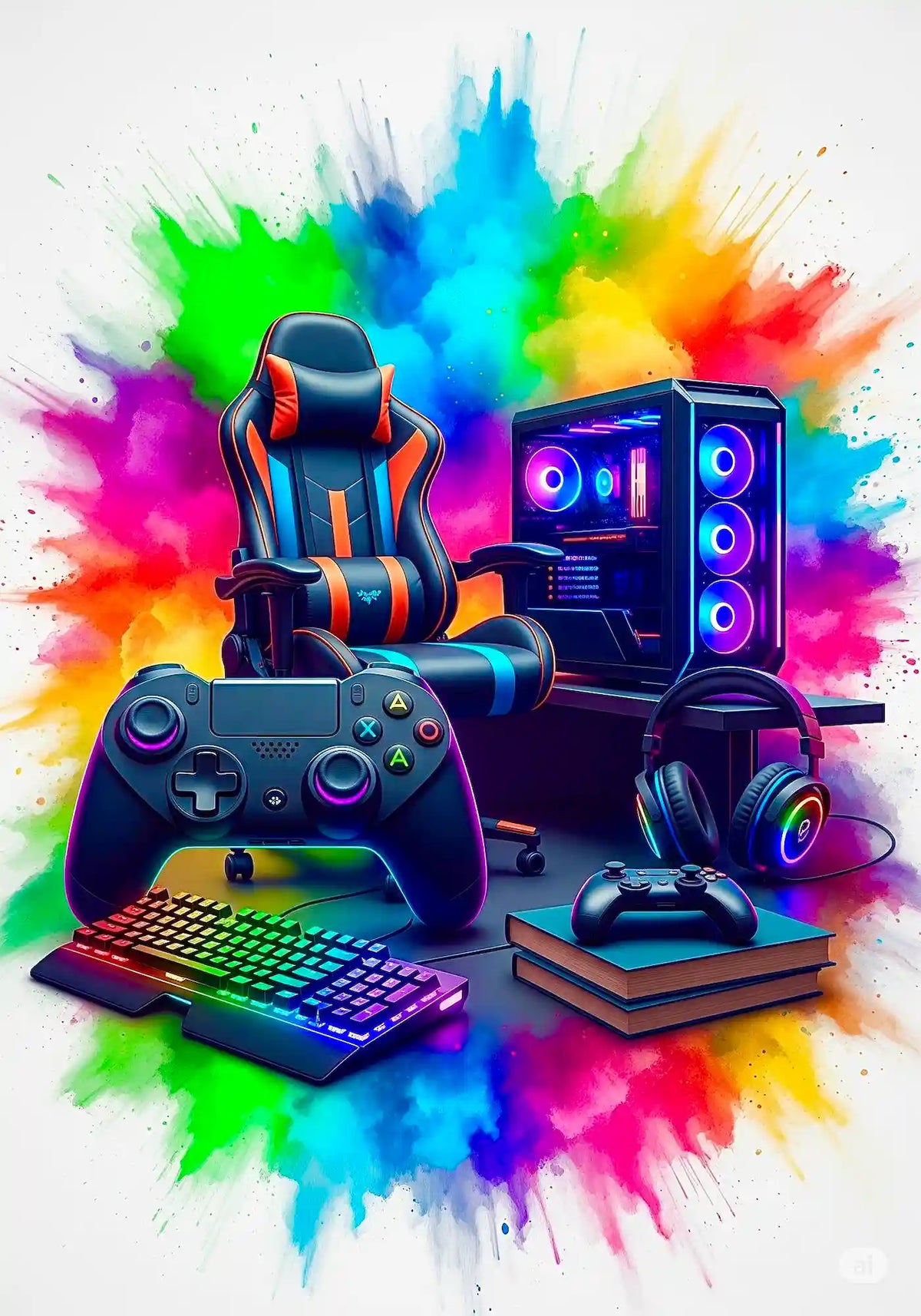 Diamond Painting Set Gaming Zone mit buntem Gaming Setup, Controller und RGB-Beleuchtung auf Leinwand