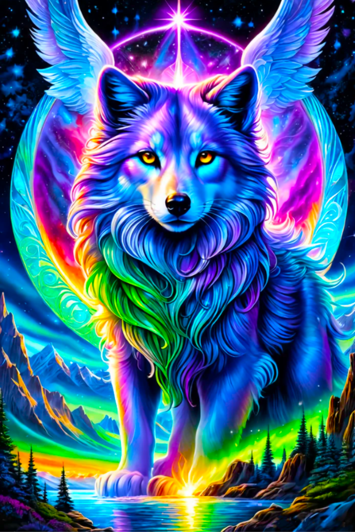 Buntes Diamond Painting Set Wolf mit Flügeln, Fantasy-Motiv in leuchtenden Farben mit funkelnden Diamanten gestaltet.